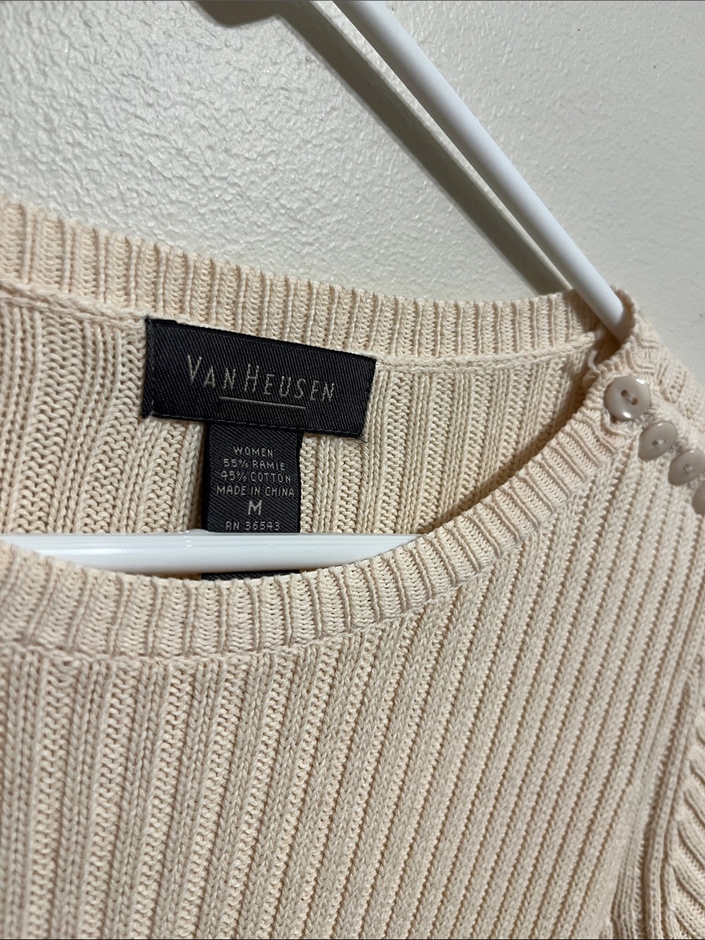 Van Heusen Light Cream Ribbed Short Sleeve sweater with Shoulder Buttons - Picture 3 of 3